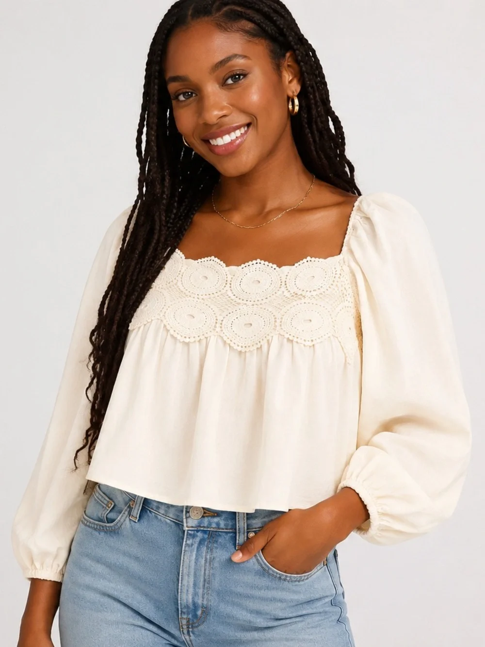 Anthropologie Cream Crochet-Yoke Peasant Top XXS